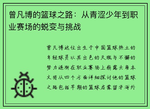曾凡博的篮球之路：从青涩少年到职业赛场的蜕变与挑战